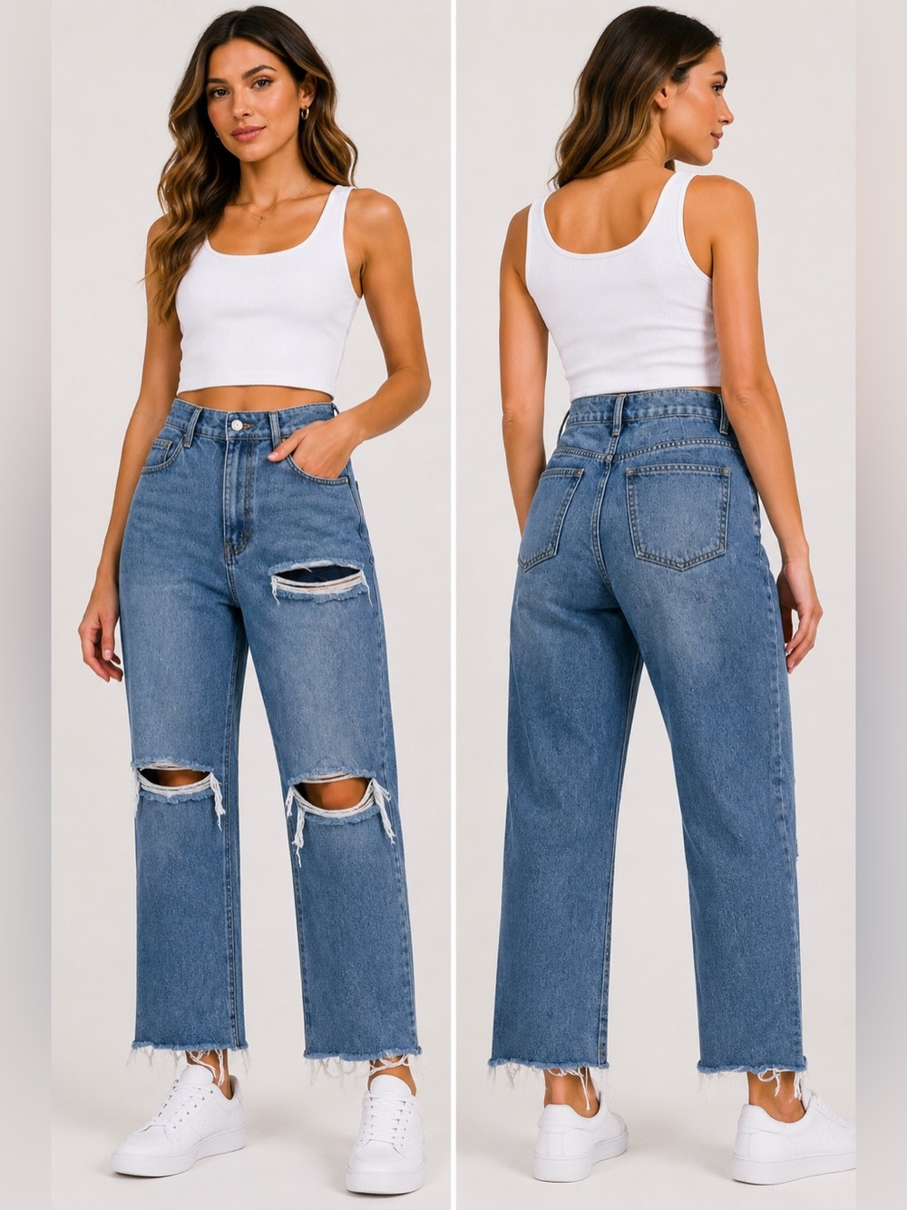 PrettyLittleThing High Rise Distressed Straight Leg Jeans Blue Size 8